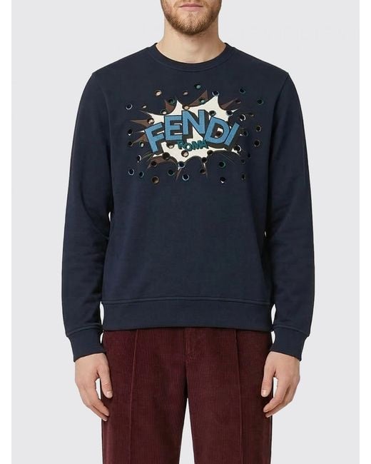 Fendi Blue Cotton Crewneck Sweatshirt With Cartoon Effect Logo for men
