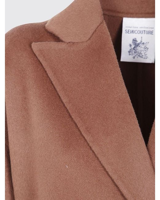 Semicouture Brown Peak Lapel Long Wool Robe Coat With Self-Tie Belt