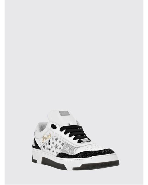 Philipp Plein White Low-Top Leather And Suede Sneakers With Studs And Rhinestones for men
