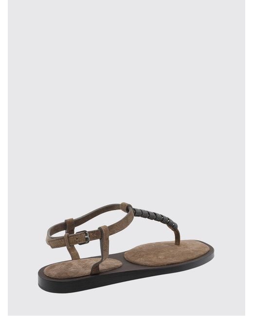 Brunello Cucinelli Brown Suede Thong Sandal With Monile