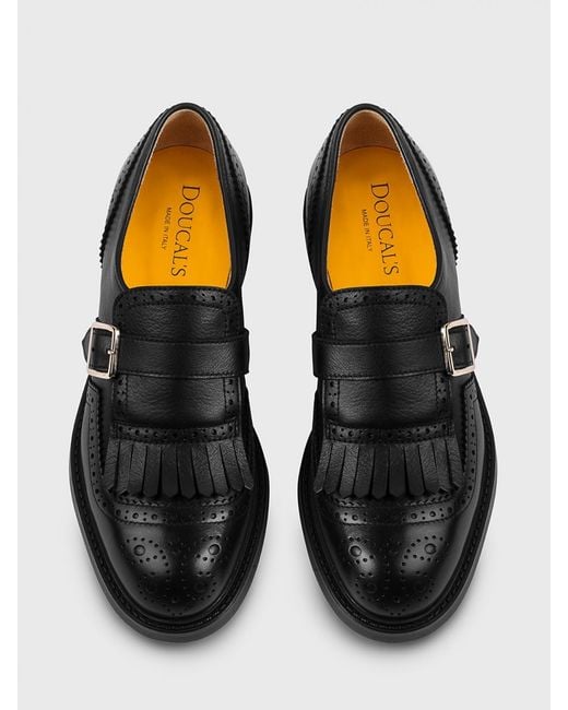 Doucal's Black Leather Monk Strap With Brogue Detail
