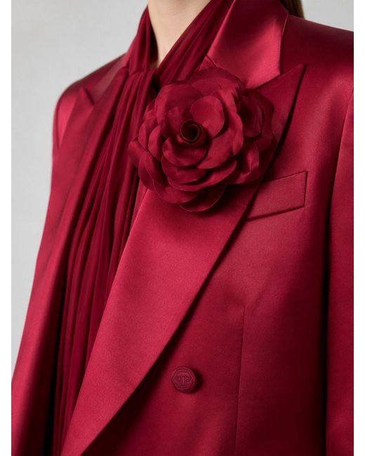 Philipp Plein Red Short Double-Breasted Satin Blazer With Flower Appliqué