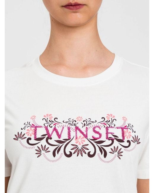 Twinset White Cotton Blend T-Shirts With Beads