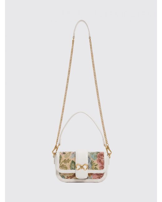 Twinset White Floral Print Canvas Mini Shoulder Bag With Chain Strap