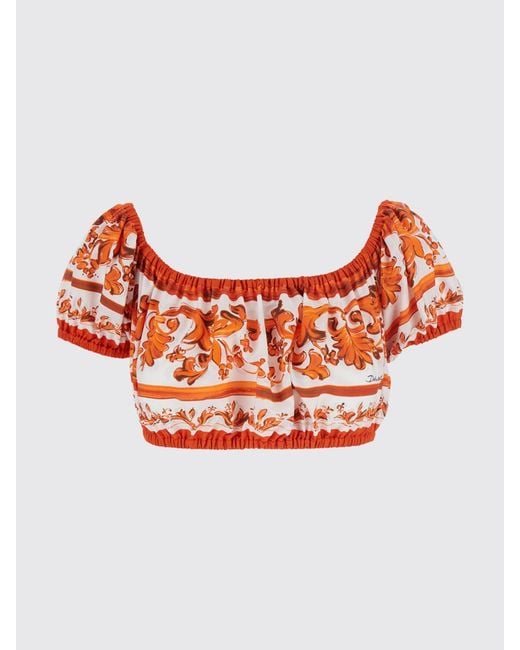Dolce & Gabbana Orange Dolce &Amp Gabbana Cropped Cotton Top With Maioliche Print And Boat Neck