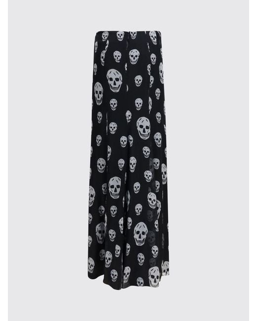 McQueen Black Asymmetrical Draped Silk Maxi Skirt With All-Over Skull Print