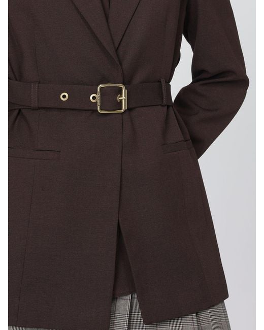 Pinko Brown Slim Fit Single-Breasted Wool Blend Blazer With Waist Belt