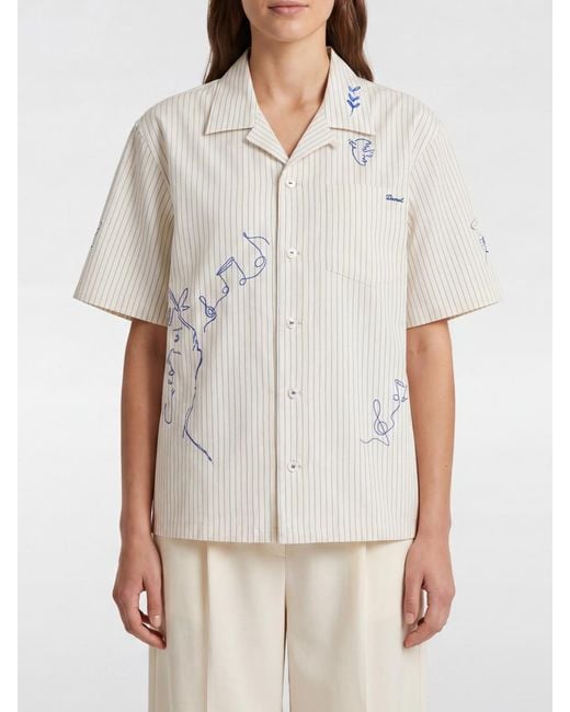 DUNST White Striped Cotton Bowling Shirt With Cuban Collar And Contrast Logo