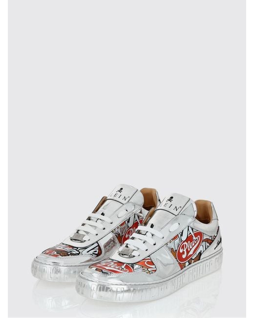 Philipp Plein White Laminated Patent Leather Sneakers With Graphic Print for men