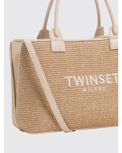 Twinset Natural Raffia Shopper Bag With Embroidered Logo