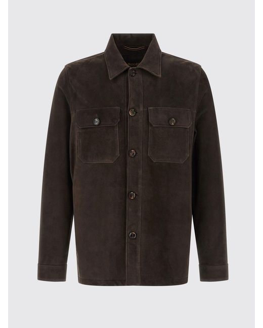 Moorer Brown Suede Lambskin Leather Shirt Jacket With Patch Pockets for men