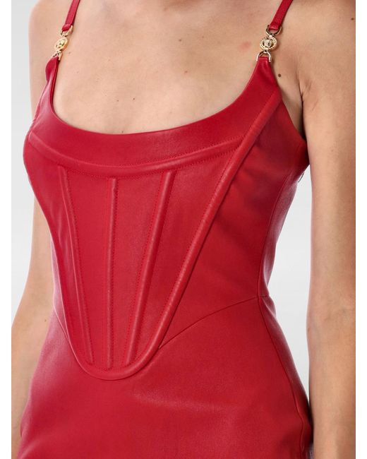 Versace Red Bustier Leather Long Dress