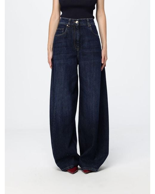 Brunello Cucinelli Blue High-Waisted Wide Leg Cotton Denim Jeans By