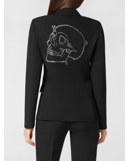 Philipp Plein Black Single-Breasted Cropped Crêpe Blazer With Skull Print And Rhinestones