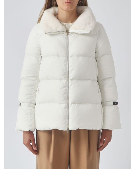 Herno White Quilted Ultra-Light Nylon Down Jacket With Fur Collar