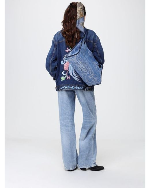 Etro Blue Cropped Embroidered Cotton Denim Jacket With Zip Closure