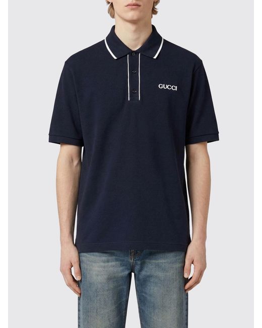 Gucci Blue Cotton Polo Shirt With Logo for men