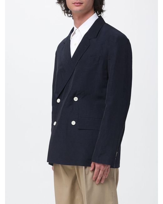 Emporio Armani Blue Double-Breasted Linen And Cotton Blazer for men