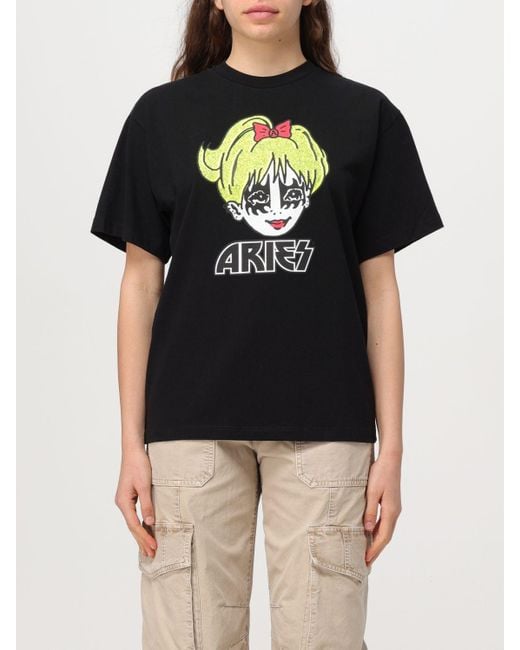 T-shirt Kiss in cotone con stampa di Aries in Black