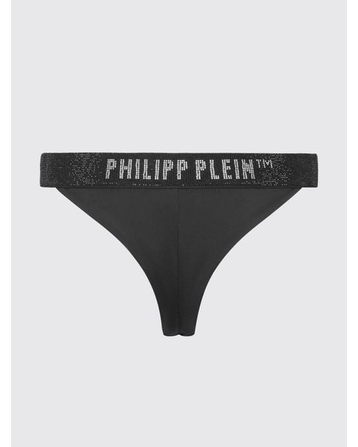 Philipp Plein Black Lycra Bikini Bottoms With Logo Waistband And Crystals