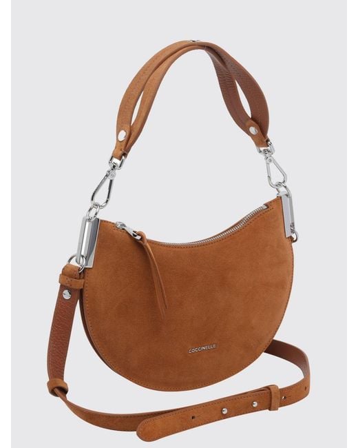 Coccinelle Brown Small Sunup Suede Leather Hobo Bag With Lettering Logo