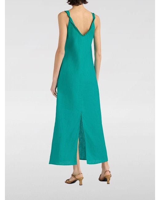 Momoní Green Momon&Igrave A-Line Linen Midi Dress With Off-The-Shoulder Design And Back Slit
