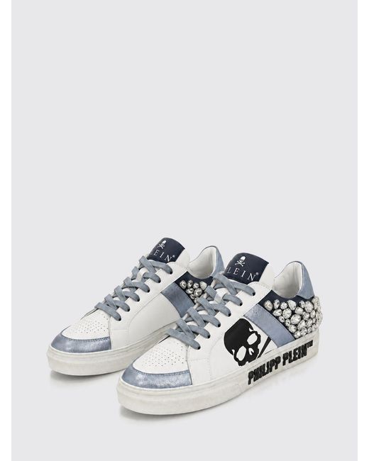 Philipp Plein White Skull Print Leather Low-Top Sneakers With Crystals