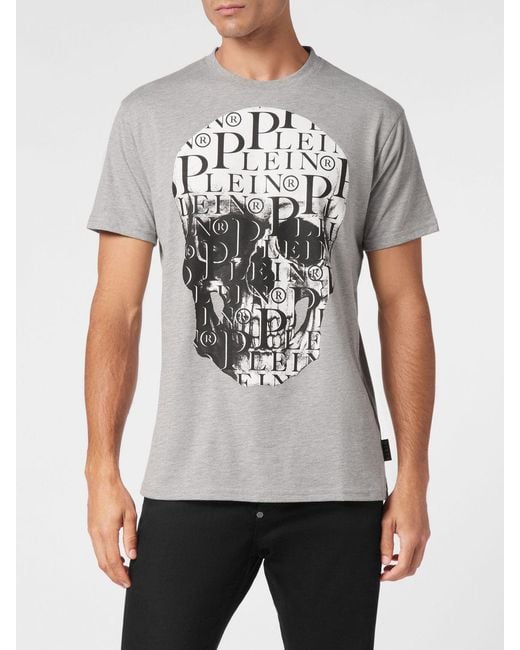 Philipp Plein Gray Cotton T-Shirt With Skull Print And Hexagon Logo for men