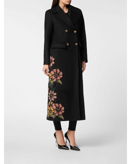 Philipp Plein Black Double-Breasted Wool And Cashmere Coat With Fauna Embroidery And Rhinestones