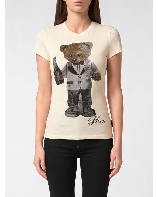 Philipp Plein Natural Slim Fit Teddy Bear Print Cotton T-Shirt With Rhinestones