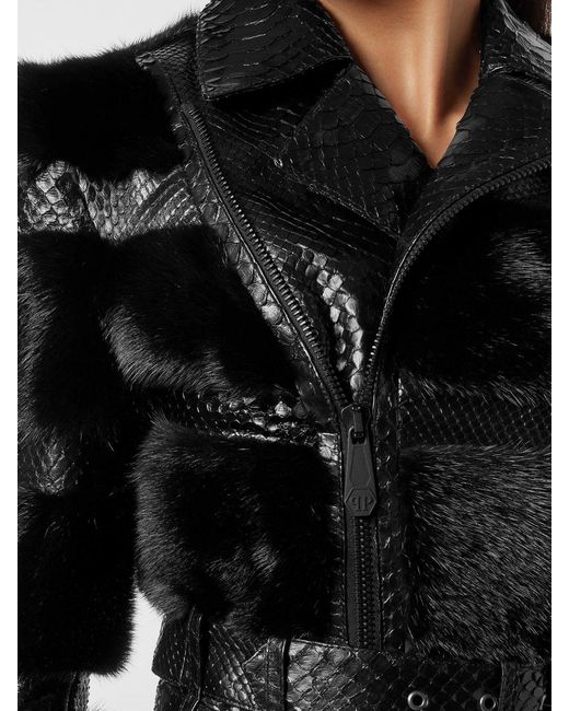Philipp Plein Black Snakeskin Biker Jacket With Mink Fur Details