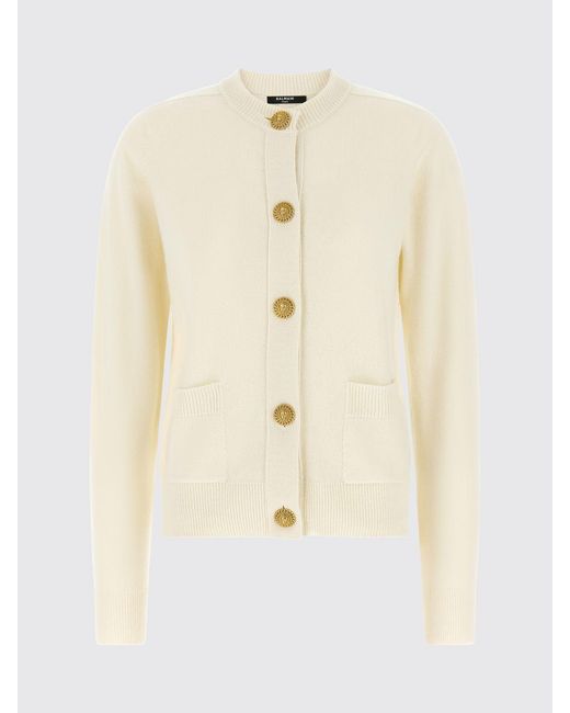 Balmain Blue Wool Crewneck Cardigan With Patch Pockets And Embossed Buttons