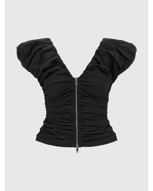 Ganni Black Ruched Cotton Top With Zip