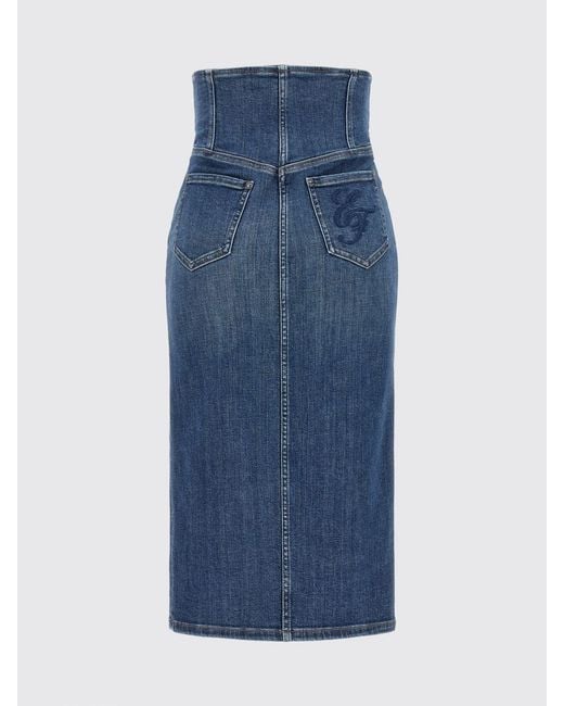 Elisabetta Franchi Blue High-Waisted Cotton Denim Midi Pencil Skirt