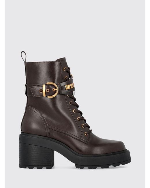 Pinko Brown Altea Leather Combat Boots With Lug Sole And Medium Heel