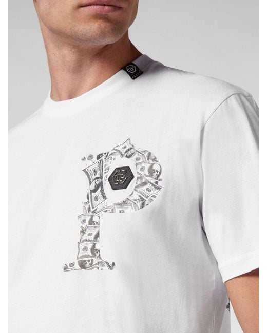 Philipp Plein White Slim Fit Cotton T-Shirt With Monogram Print And Hexagon Logo for men