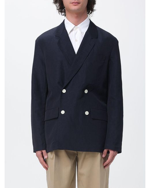 Emporio Armani Blue Double-Breasted Linen And Cotton Blazer for men