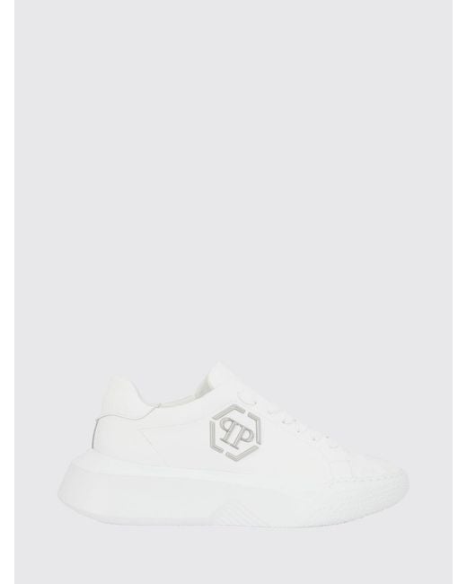 Philipp Plein White Low-Top Leather Sneakers With Hexagon Logo And Platform Sole for men