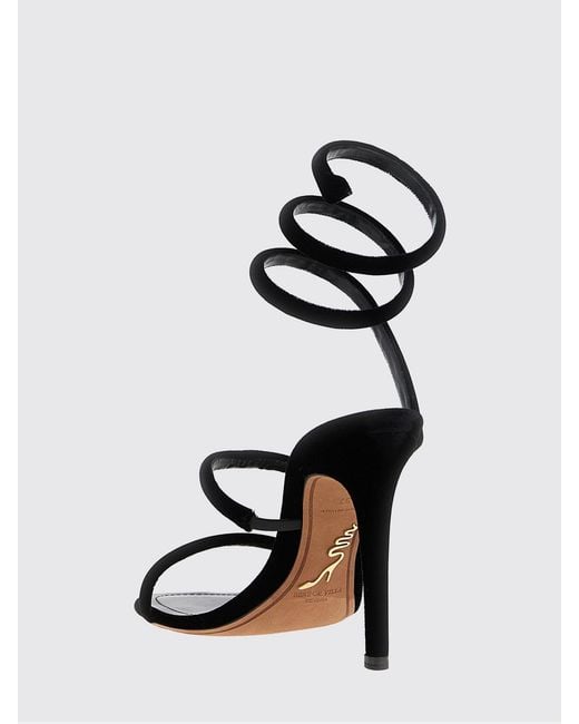 Rene Caovilla Black High-Heeled Velvet Sandals With Snake Strap And Stiletto Heel