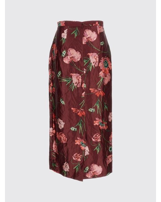 Erdem Red Floral Satin High-Waisted Midi Pencil Skirt