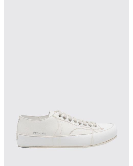 Premiata White Low Top Smooth Calfskin Leather Trainers With A Laminated Side Logo for men