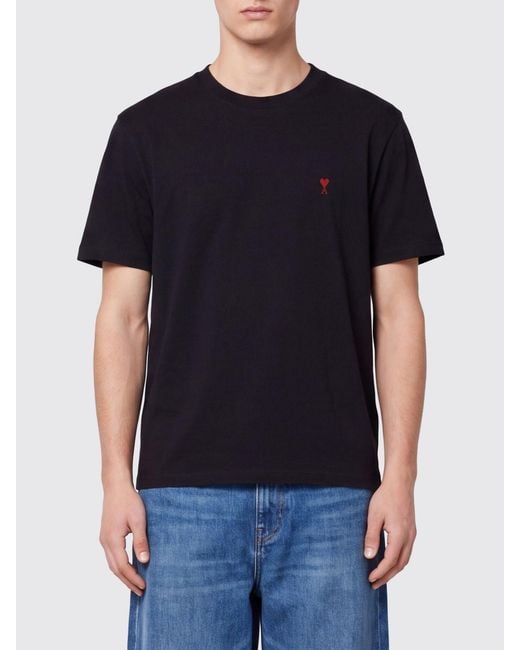 AMI Black Organic Cotton Crewneck T-Shirt With Ami De Coeur Embroidery for men