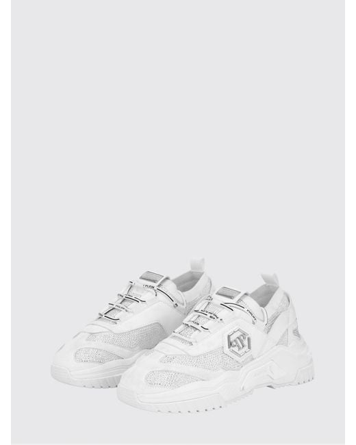Philipp Plein White Low-Top Leather And Stretch Viscose Sneakers With Monogram And Rhinestones for men