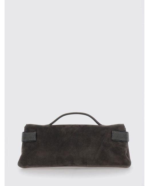 Brunello Cucinelli Black Suede Calfskin Clutch With Monili Embellishment