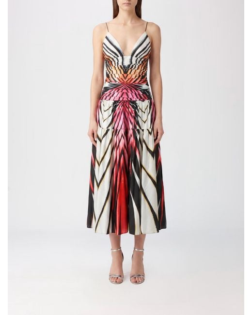 Roberto Cavalli White V-Neck Abstract Print Stretch Cotton A-Line Midi Dress