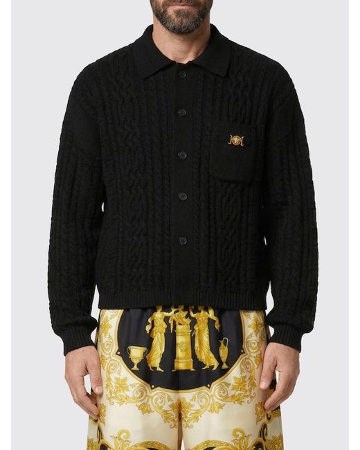 Versace Black Braided Virgin Wool Polo Cardigan for men