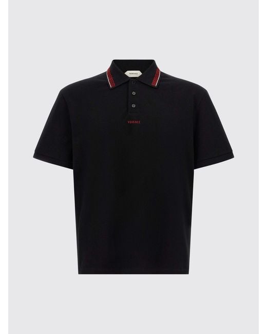 Versace Black Greca Pattern Cotton Polo Shirt With Contrast Embroidered Logo for men