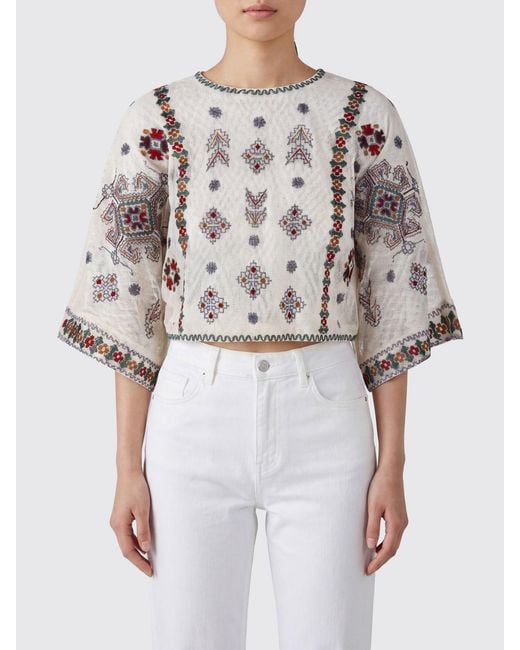 Antik Batik White Cotton Top With Embroidery
