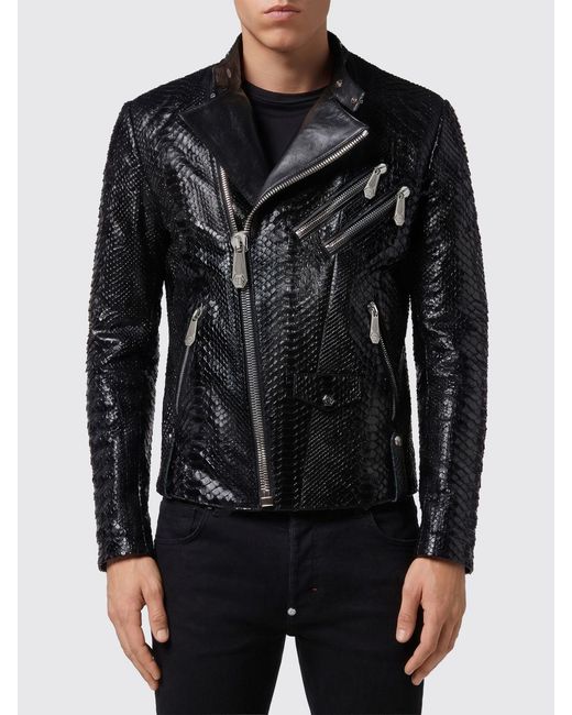 Philipp Plein Black Snake Print Leather Biker Jacket for men