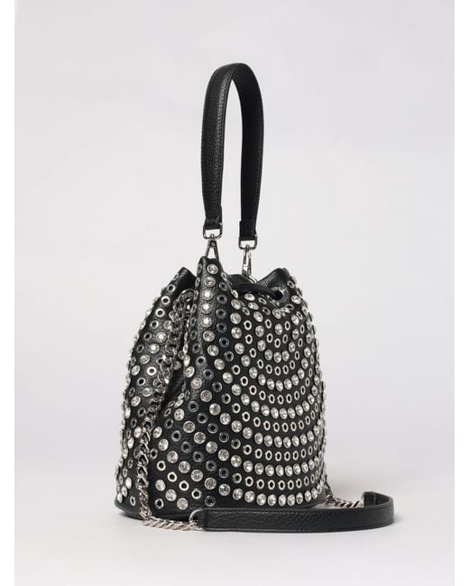 La Carrie Black Denim Bucket Bag With Metal Eyelets And Rhinestones